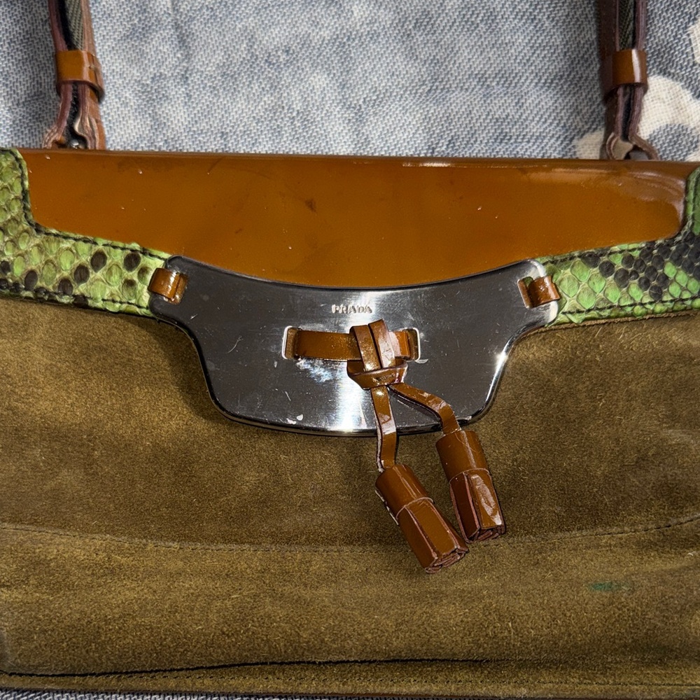 Olive Green Suede Prada Python Shoulder Bag - image 2